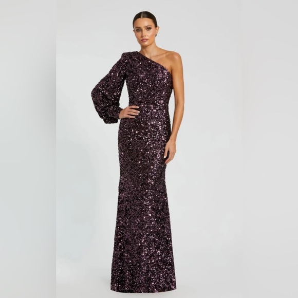 NWTMac Duggal 26717 Aubergine Purple Sequined One Shoulder Sleeve Gown Size 6